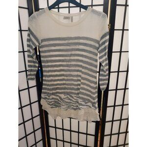 LOGO Lori Goldstein Shirt Tan & Grey Long Sleeve Size XXS Striped Lace Trim